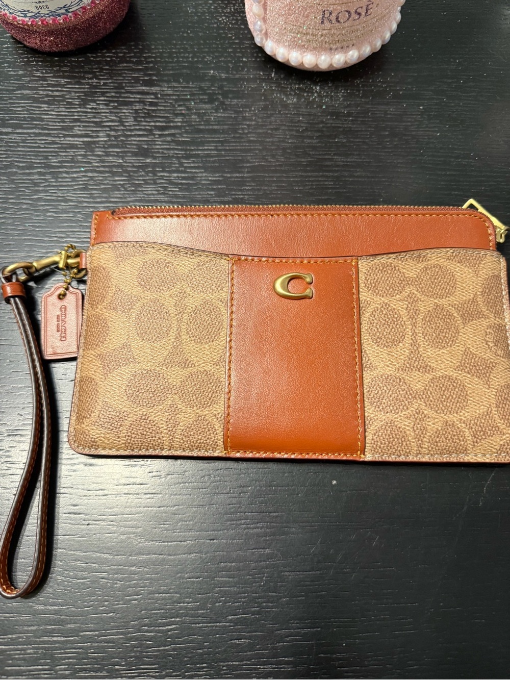 COACH Signature Canvas & Leather Wristlet Clutch in Brown